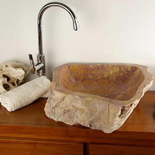 Divero Natur-Stein Waschschale Savona Aufsatz-Waschbecken Handwaschbecken Marmor innen poliert außen naturbelassen gelblich rötlich 4