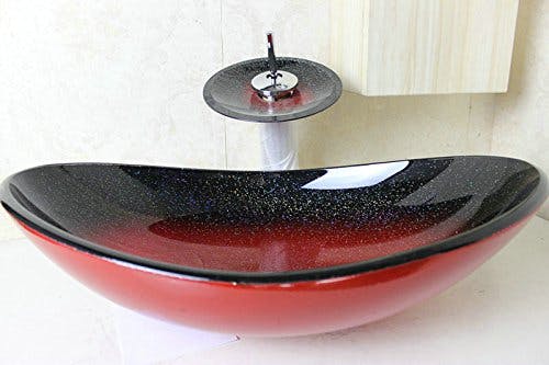 Homelava Moderne Hartglas mit Wasserhahn Wasserfall, Wasser Waschbecken Entleerung und Ring-Montage,Rot 4