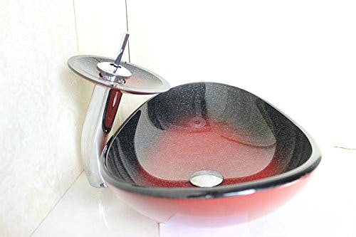 Homelava Moderne Hartglas mit Wasserhahn Wasserfall, Wasser Waschbecken Entleerung und Ring-Montage,Rot 5