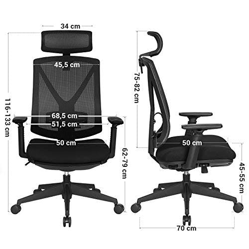 SONGMICS Bürostuhl mit Fußstütze, Ergonomischer Schreibtischstuhl mit Lordosenstütze, verstellbare Kopfstütze und Armstütze, Höhenverstellung und Wippfunktion, bis 150 kg Belastbar, schwarz OBN61BKV1 4