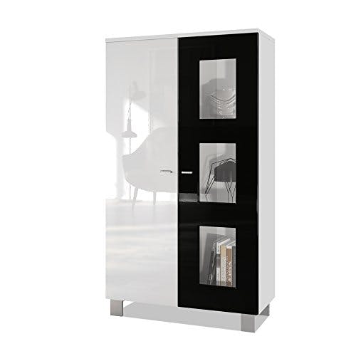 Vladon Vitrine Denjo, Made in Germany, Standvitrine mit 2 Türen und 3 Glaseinsätzen, Weiß matt/Schwarz Hochglanz (71 x 129 x 35 cm) 3