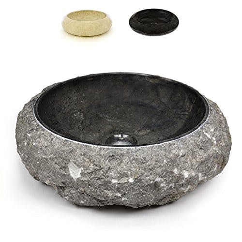 Divero Marmor Naturstein Aufsatz-Waschbecken Handwaschbecken Waschschale Stein poliert grob behauen rund schwarz grau