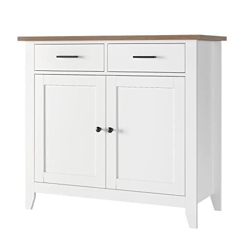 HOCSOK Sideboard Weiß Küchenschrank mit 2 Schubladen und 2 Türen, Kücheninsel mit Arbeitsplatte für Küche, Wohnzimmer, Esszimmer, Holz, 82 x 40 x 91cm
