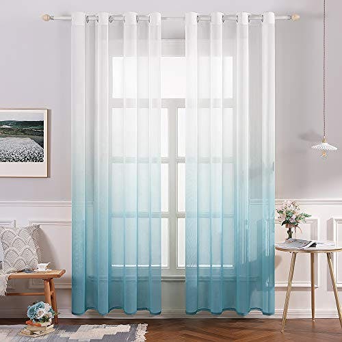 MIULEE Gardinen Transparent Vorhänge Farbverlauf Voile Sheer 2er Set Vorhang mit Ösen Dekoschal Fensterschal für Schlafzimmer und Wohnzimmer 225 cm x 140 cm(H x B) Weiß Blau