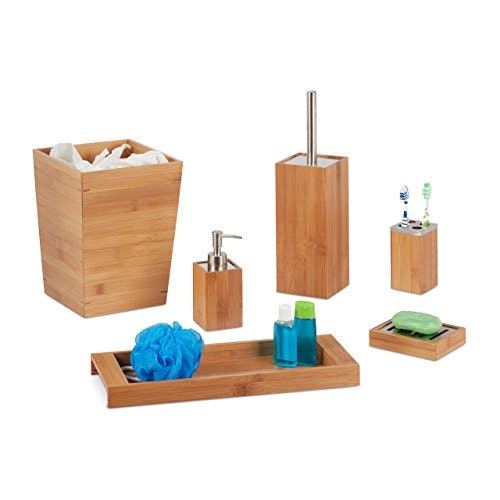 Relaxdays Bad Set, 6-teilig, Bambus, Seifenspender, Seifenhalter, Bürstenhalter, Zahnputzbecher, Ablage, Badeimer, natur, 20 x 20 x 26,5 cm