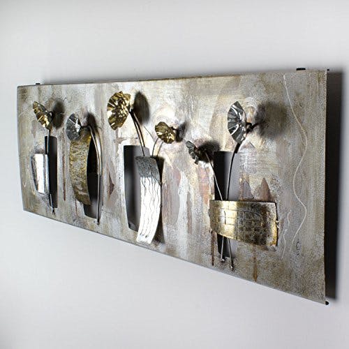 House of Arts | Metallbild 'Planteuse' | Moderne Wanddekoration mit Blumen | Wandbild 3D Wandrelief | Wanddeko Hergestellt in Handarbeit aus Metall | 120 x 40 cm | Bronze Silber Gold