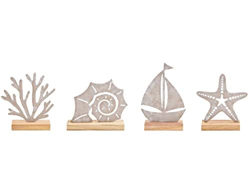 4er-Set Maritime Symbole Deko-Aufsteller auf Holzsockel Seestern Koralle Schnecke Segelboot aus Metall (Silber) B18xH15xT5cm