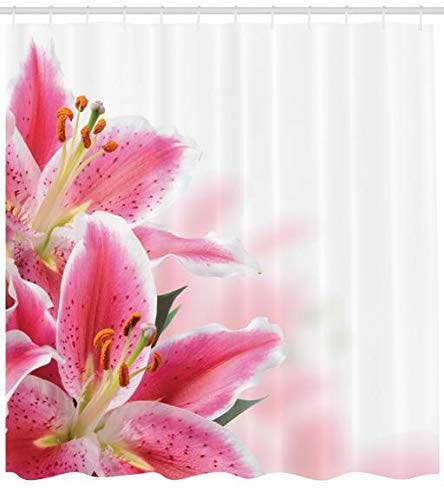 ABAKUHAUS Pink und Weiß Duschvorhang, Lilien Blumenstrauß, Stoffliches Gewebe Badezimmerdekorationsset mit Haken, 175 x 200 cm, Orange Grün Rosa