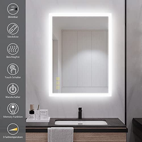 AI-LIGHTING Badspiegel mit Beleuchtung 45×60 cm Badezimmerspiegel mit Licht und Rasiereranschluss/Beschlagfrei / 3 Lichtfarben/Dimmbar Energiesparend Beleuchteter Spiegel Lichtspiegel 0