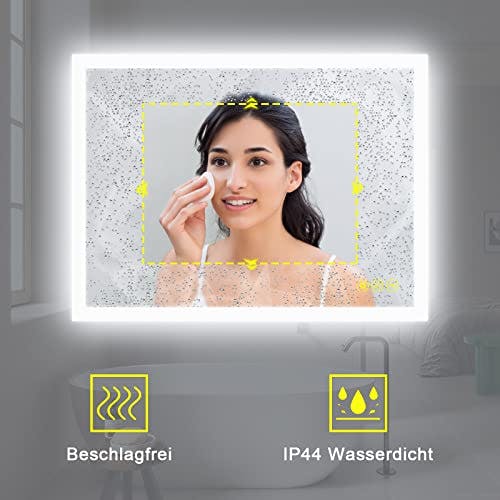 AI-LIGHTING Badspiegel mit Beleuchtung 45×60 cm Badezimmerspiegel mit Licht und Rasiereranschluss/Beschlagfrei / 3 Lichtfarben/Dimmbar Energiesparend Beleuchteter Spiegel Lichtspiegel 3