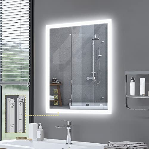 AI-LIGHTING Badspiegel mit Beleuchtung 45×60 cm Badezimmerspiegel mit Licht und Rasiereranschluss/Beschlagfrei / 3 Lichtfarben/Dimmbar Energiesparend Beleuchteter Spiegel Lichtspiegel