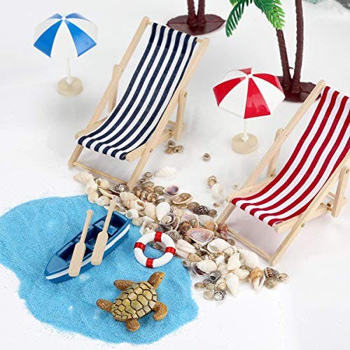 Adkwse Strand-Mikrolandschaft Strand Deko für DIY, Geburtstagsgeschenk, Garten Dekoration, Mini Liegestuhl palmen Klein Miniatur Urlaub Geschenk Stranddeko 0