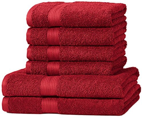 Amazon Basics Handtuch-Set, ausbleichsicher, 6 stück, 2 Badetücher und 4 Händehandtuch, Rot, 100% Baumwolle 500g/m²