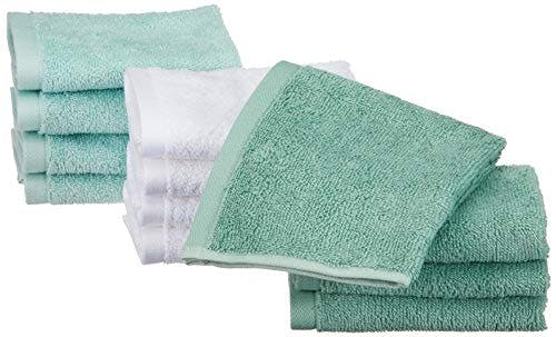 Amazon Basics - Waschlappen aus Baumwolle, 12er-Pack, 12 x 30 cm, Mehrfarbig (Meerschaum-grün, Eisblau, Weiß)