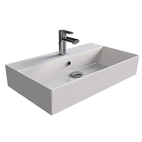 Aqua Bagno | Eckiges Design Waschbecken, hochwertige weiße Keramik, genormte Anschlüsse, Badezimmer | 70 x 42 cm