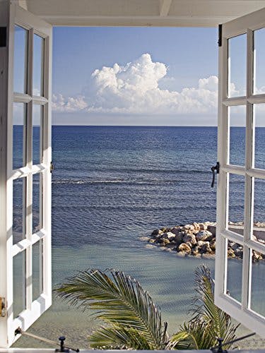 ARTland Glasbilder Wandbild Glas Bild einteilig 45x60 cm Hochformat Strand Meer Küste Palmen Ausblick Natur Fensterblick Maritim Blau T9II 0