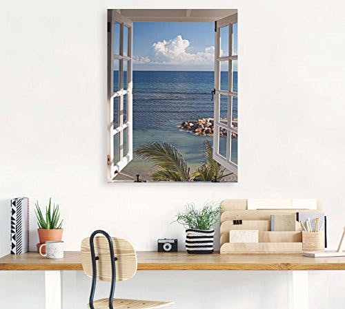 ARTland Glasbilder Wandbild Glas Bild einteilig 45x60 cm Hochformat Strand Meer Küste Palmen Ausblick Natur Fensterblick Maritim Blau T9II 1