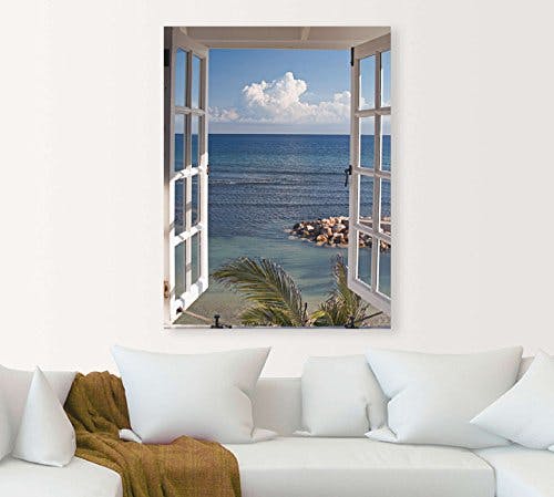 ARTland Glasbilder Wandbild Glas Bild einteilig 45x60 cm Hochformat Strand Meer Küste Palmen Ausblick Natur Fensterblick Maritim Blau T9II 2
