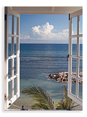 ARTland Glasbilder Wandbild Glas Bild einteilig 45x60 cm Hochformat Strand Meer Küste Palmen Ausblick Natur Fensterblick Maritim Blau T9II