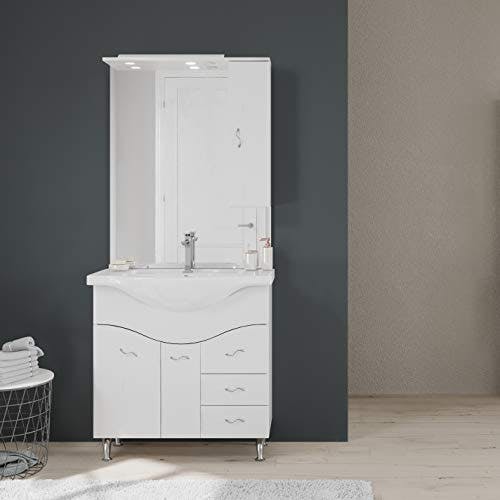 KIAMAMI VALENTINA Badezimmermöbel mit Einer Breite von 85 cm auf dem Boden stehend, mit Waschbecken, Spiegel und hängendem Schrank in Weiß. 0