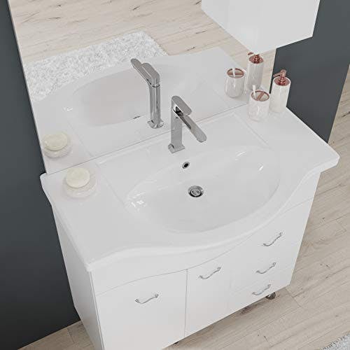 KIAMAMI VALENTINA Badezimmermöbel mit Einer Breite von 85 cm auf dem Boden stehend, mit Waschbecken, Spiegel und hängendem Schrank in Weiß. 1