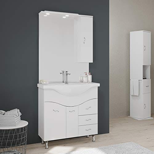 KIAMAMI VALENTINA Badezimmermöbel mit Einer Breite von 85 cm auf dem Boden stehend, mit Waschbecken, Spiegel und hängendem Schrank in Weiß.