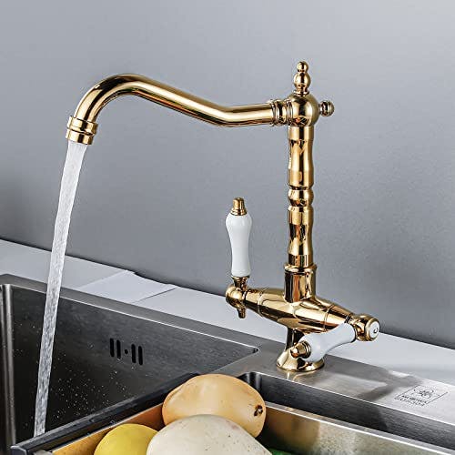 BOAOTX Wasserhahn Küche Gold Vintage, Küchenarmatur 360° Drehbar, Spültischarmatur Zweigriffmischer, Küchenspüle Armatur Mischbatterie Hochdruck Hoher Auslauf aus Messing 0