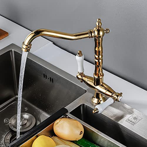 BOAOTX Wasserhahn Küche Gold Vintage, Küchenarmatur 360° Drehbar, Spültischarmatur Zweigriffmischer, Küchenspüle Armatur Mischbatterie Hochdruck Hoher Auslauf aus Messing 2