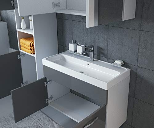 Badezimmer Badmöbel Set Paso LED 80cm Waschbecken Hochglanz Grau Fronten - Unterschrank Hochschrank Waschbecken Spiegelschrank 3