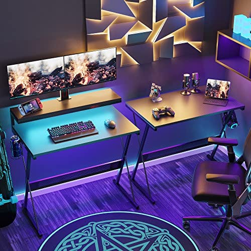 Bestier L-förmiger Gaming-Computertisch mit LED-Leuchten, Monitorständer, 130 cm Eckschreibtisch mit Getränkehalter, Kopfhörerhaken, für Heimbüro, Kleiner Raum 0