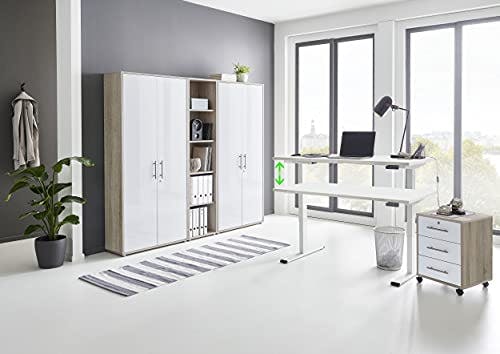 Büromöbel komplett Set mit elektrisch höhenverstellbaren Schreibtisch in Weiß Arbeitszimmer Edition in Eiche Sonoma/Weiß Matt/Gestell Weiß (Set 10)