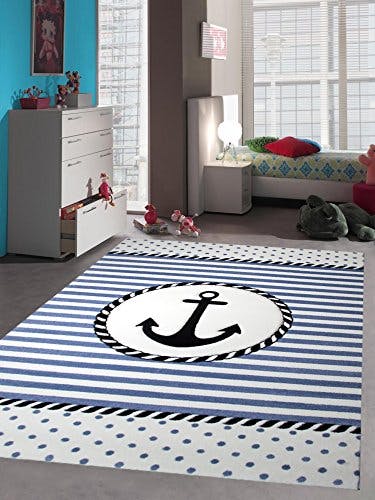 CARPETIA Teppich Kinderzimmer Babyzimmer Jungen Anker maritim blau crème schwarz Größe 80x150 cm