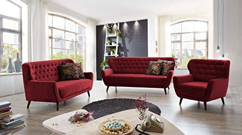CAVADORE 3-Sitzer-Sofa Abby / Retro-Couch im Samt-Look mit Knopfheftung / 183 x 89 x 88 / Samtoptik, rot 0