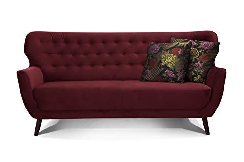 CAVADORE 3-Sitzer-Sofa Abby / Retro-Couch im Samt-Look mit Knopfheftung / 183 x 89 x 88 / Samtoptik, rot 2
