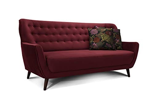 CAVADORE 3-Sitzer-Sofa Abby / Retro-Couch im Samt-Look mit Knopfheftung / 183 x 89 x 88 / Samtoptik, rot 3