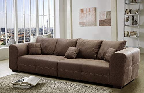 CAVADORE Big Sofa Mavericco inkl. Kissen / XXL-Couch mit tiefen Sitzflächen und modernem Design / 287 x 69 x 108 / Lederoptik cognac 0