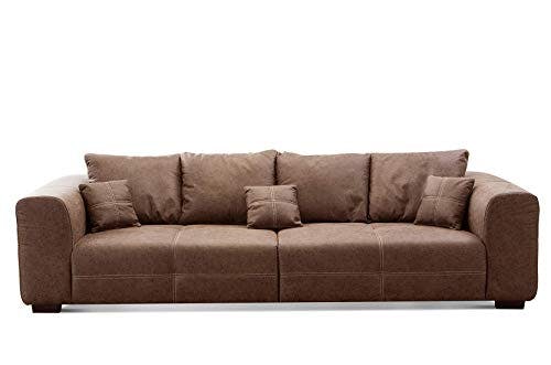 CAVADORE Big Sofa Mavericco inkl. Kissen / XXL-Couch mit tiefen Sitzflächen und modernem Design / 287 x 69 x 108 / Lederoptik cognac