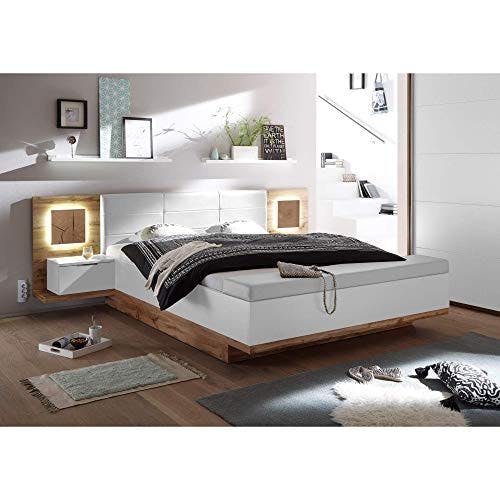 Capri Stilvolle Doppelbett Bettanlage mit Bettkasten &amp; LED-Beleuchtung 180 x 200 cm - Schlafzimmer Komplett-Set in Wildeiche-Optik, Weiß - 305 x 100 x 239 cm (B/H/T) 0