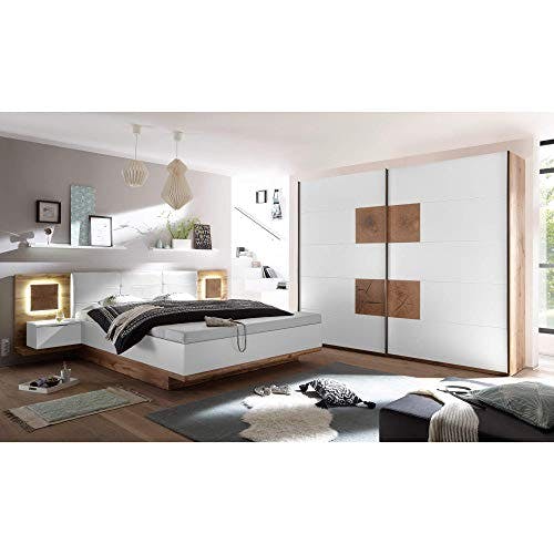 Capri Stilvolle Doppelbett Bettanlage mit Bettkasten &amp; LED-Beleuchtung 180 x 200 cm - Schlafzimmer Komplett-Set in Wildeiche-Optik, Weiß - 305 x 100 x 239 cm (B/H/T) 1