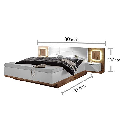 Capri Stilvolle Doppelbett Bettanlage mit Bettkasten &amp; LED-Beleuchtung 180 x 200 cm - Schlafzimmer Komplett-Set in Wildeiche-Optik, Weiß - 305 x 100 x 239 cm (B/H/T) 3