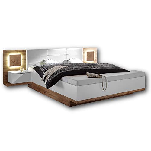 Capri Stilvolle Doppelbett Bettanlage mit Bettkasten &amp; LED-Beleuchtung 180 x 200 cm - Schlafzimmer Komplett-Set in Wildeiche-Optik, Weiß - 305 x 100 x 239 cm (B/H/T)