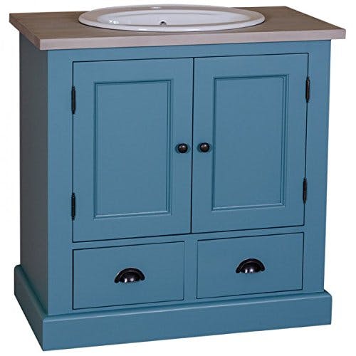 Casa Padrino Landhaus Stil Waschschrank Waschtisch inkl 1 Waschbecken - Bad Schrank, Farbe:Schrank Blau Platte Holzfarben