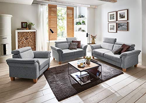 Cavadore 2-Sitzer Sofa Ammerland / Couch mit Federkern im Landhausstil / Inkl. verstellbaren Kopfstützen / 156 x 84 x 93 / Strukturstoff hellgrau 0
