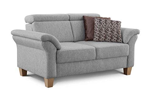 Cavadore 2-Sitzer Sofa Ammerland / Couch mit Federkern im Landhausstil / Inkl. verstellbaren Kopfstützen / 156 x 84 x 93 / Strukturstoff hellgrau 2