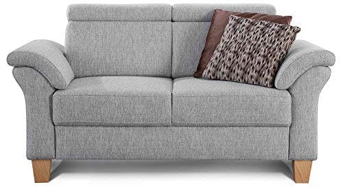 Cavadore 2-Sitzer Sofa Ammerland / Couch mit Federkern im Landhausstil / Inkl. verstellbaren Kopfstützen / 156 x 84 x 93 / Strukturstoff hellgrau