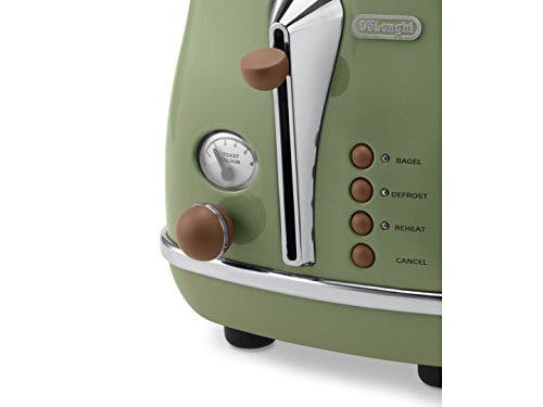 De'Longhi Icona Vintage CTOV 2103.GR – 2-Schlitz-Toaster mit Brötchenaufsatz, Toaster mit 6 Bräunungsstufen, Auftau- &amp; Aufwärmfunktion, aus Edelstahl in elegantem Retro Look, grün 0