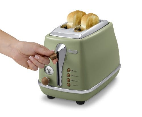 De'Longhi Icona Vintage CTOV 2103.GR – 2-Schlitz-Toaster mit Brötchenaufsatz, Toaster mit 6 Bräunungsstufen, Auftau- &amp; Aufwärmfunktion, aus Edelstahl in elegantem Retro Look, grün 2