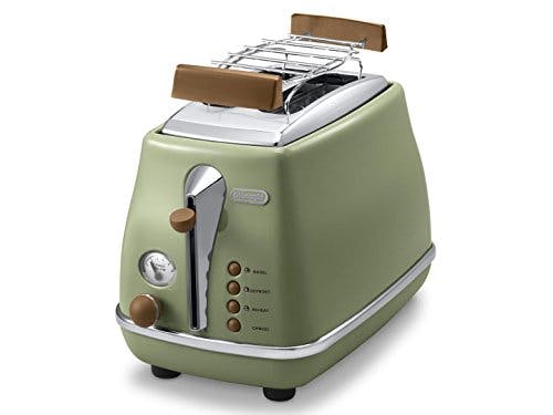 De'Longhi Icona Vintage CTOV 2103.GR – 2-Schlitz-Toaster mit Brötchenaufsatz, Toaster mit 6 Bräunungsstufen, Auftau- &amp; Aufwärmfunktion, aus Edelstahl in elegantem Retro Look, grün