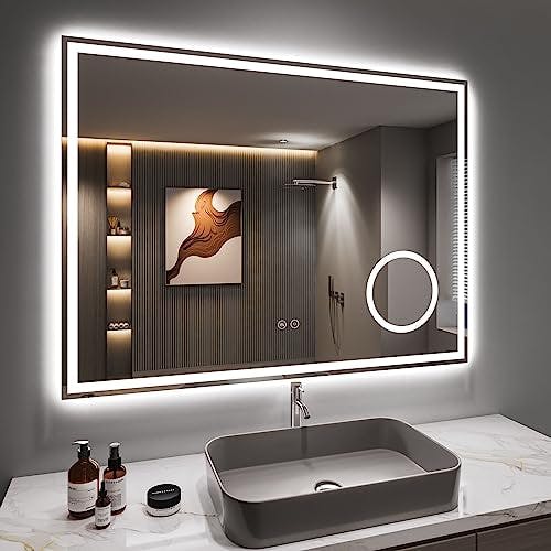 Dripex Badspiegel mit Beleuchtung Led Spiegel mit 3-Fach Schminkspiegel und Steckdose, Dimmbar, 3 Lichtfarbe Einstellbare Badezimmerspiegel mit Beleuchtung, Beschlagfrei 60 x 80 cm