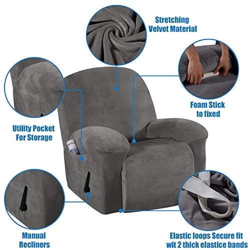 EBETA E Samt-Optisch Stretchhusse für Relaxsessel Sesselbezug, Komplett Sesselschoner, Elastisch Bezug für Fernsehsessel Liege Sessel (Grau) 1